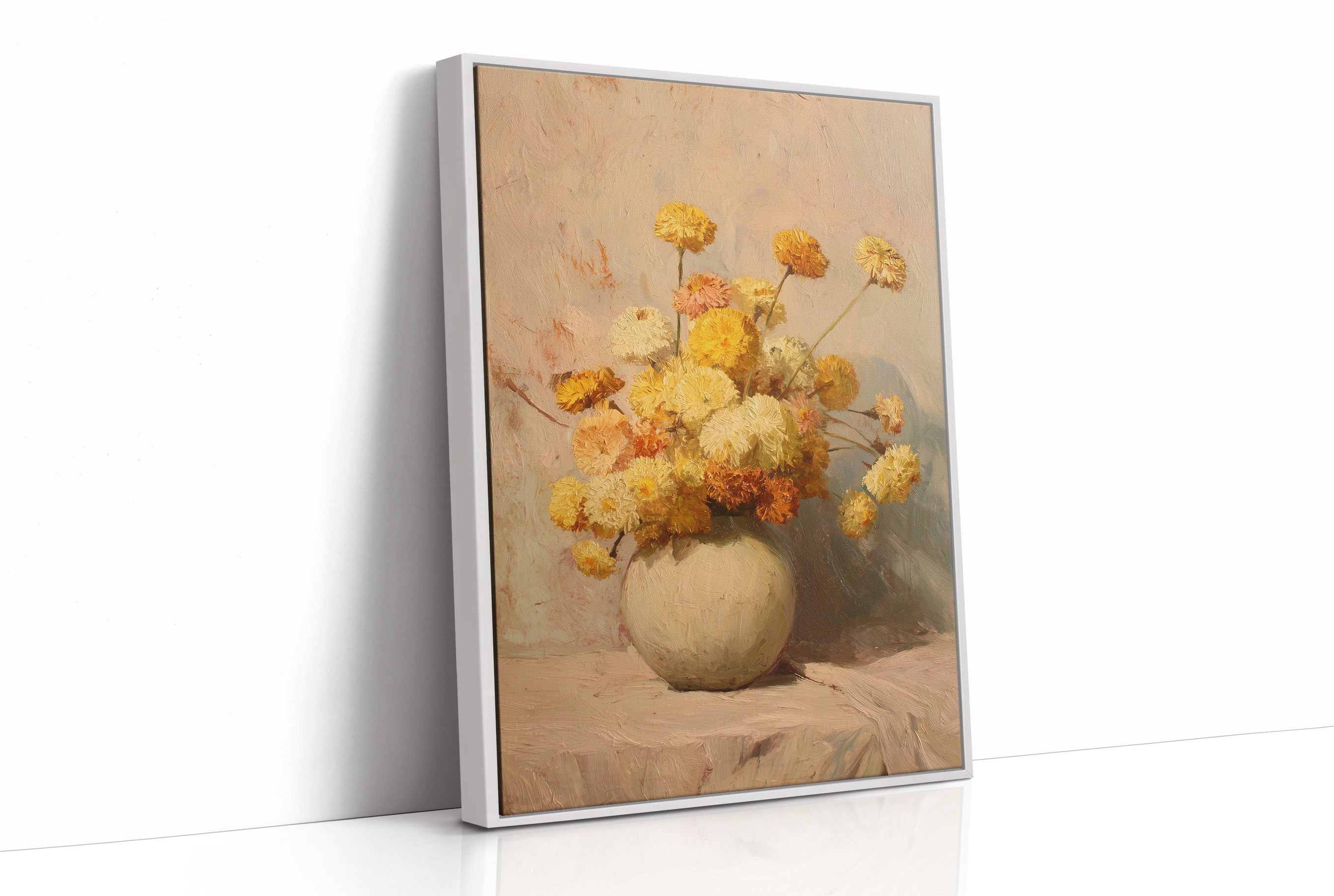 Sunlit Chrysanthemums in Cream Pottery