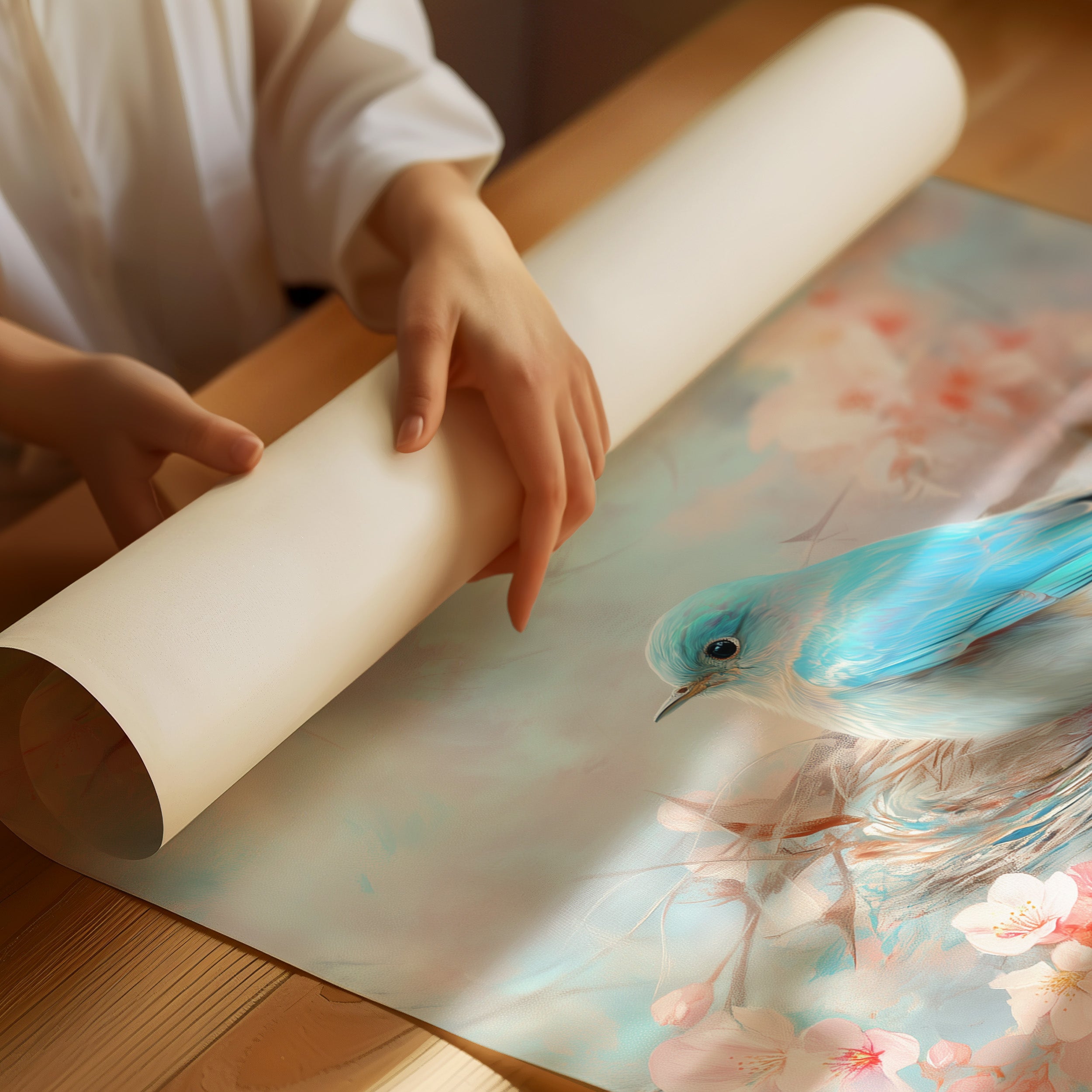 Blue Bird Rests Among Cherry Blossoms