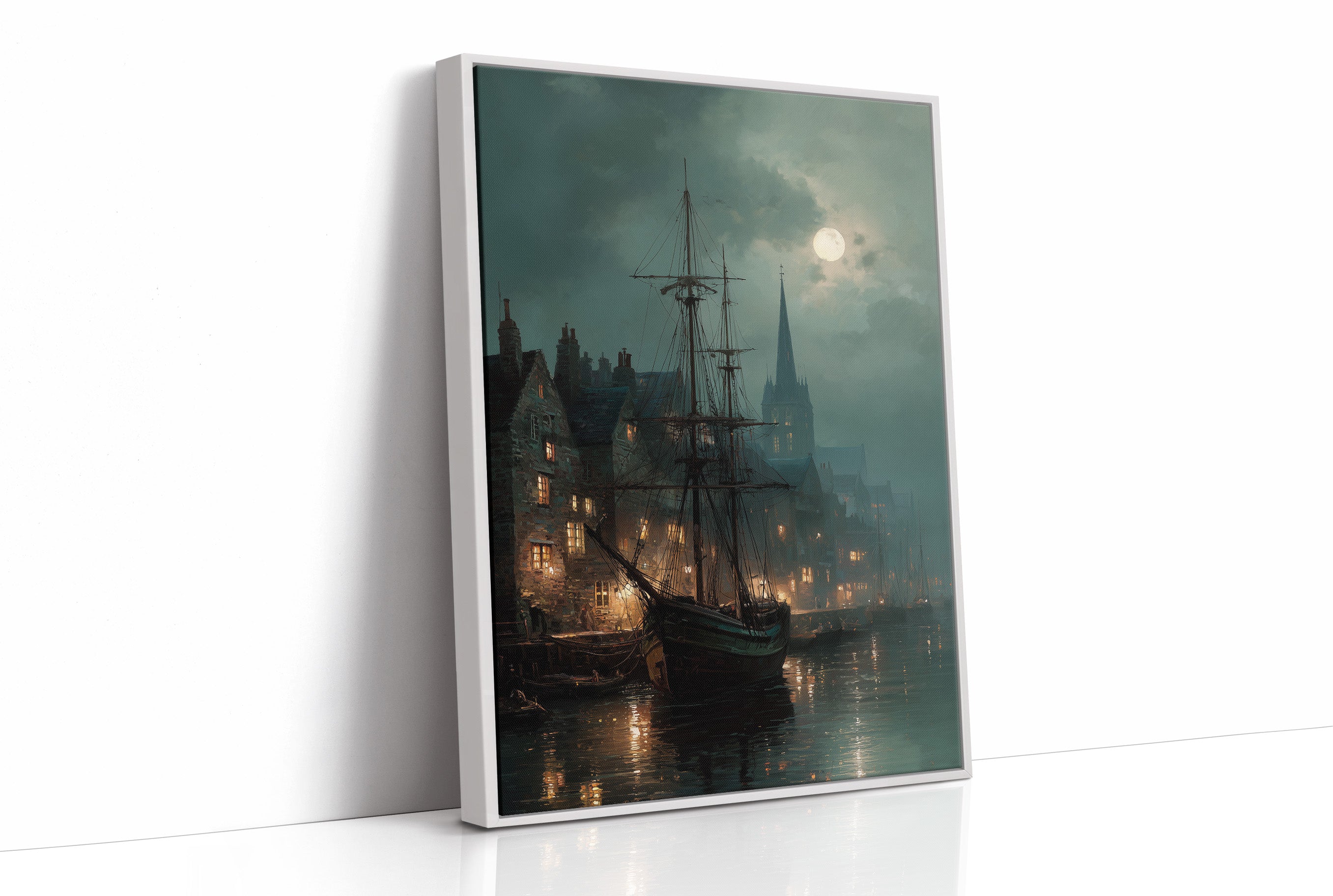 Harbor Lights Below Foggy Moon