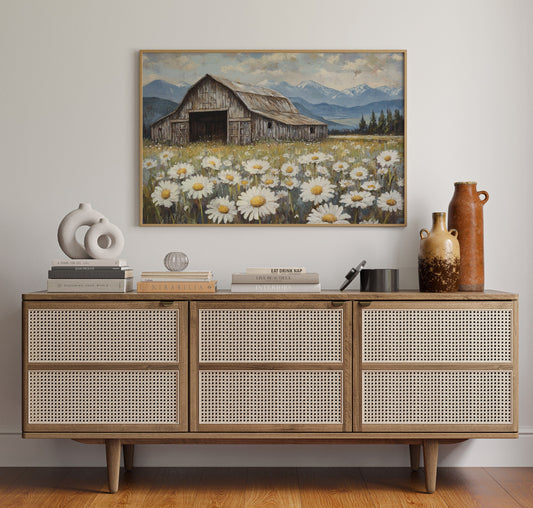 Rustic Barn Wall Art – Wildflower Meadow Print, Country Farmhouse Decor, Vintage Landscape Painting