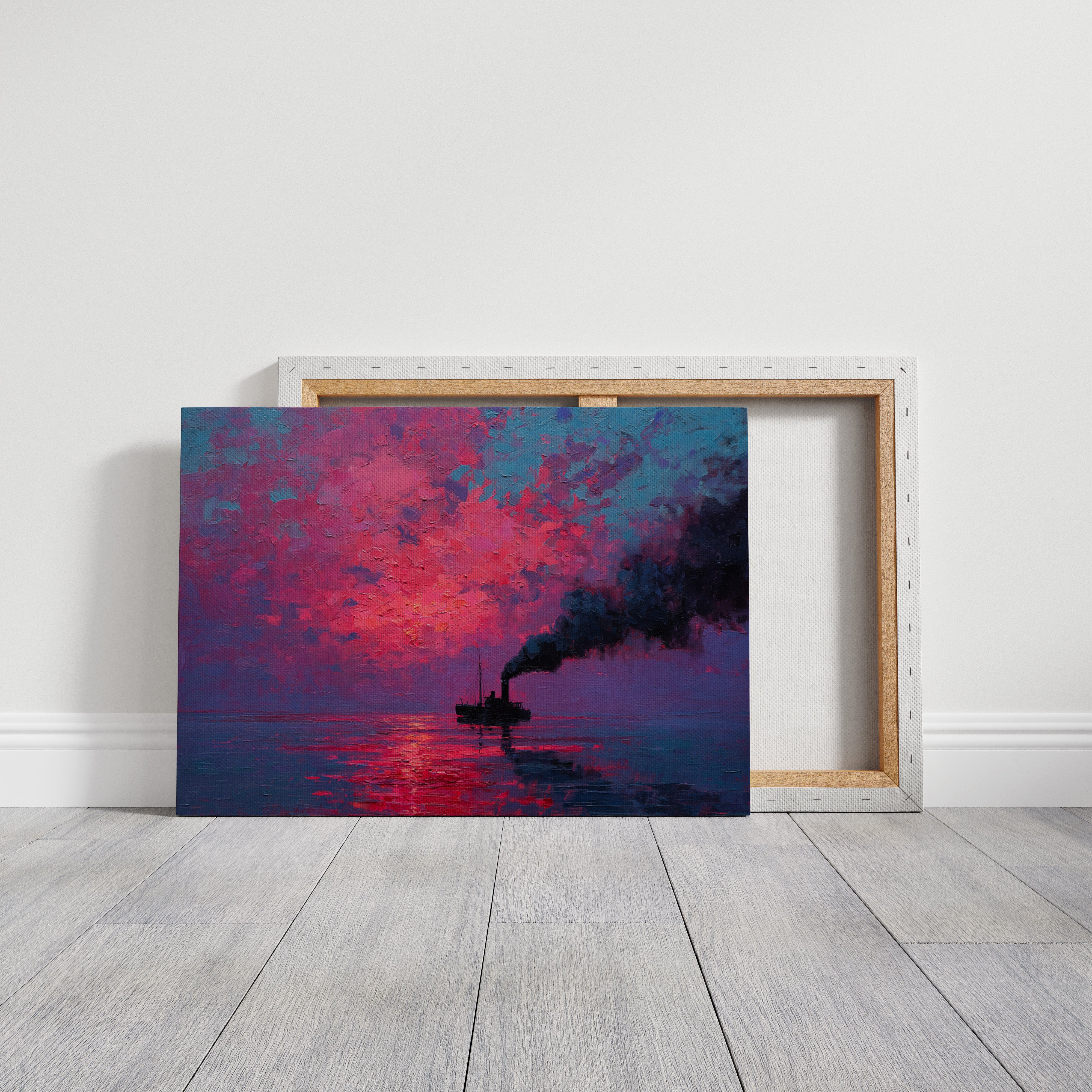 Steamship Sails Through Crimson Dawn