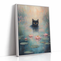 Mystical Black Cat in Water – Dreamy Water Lily Painting
