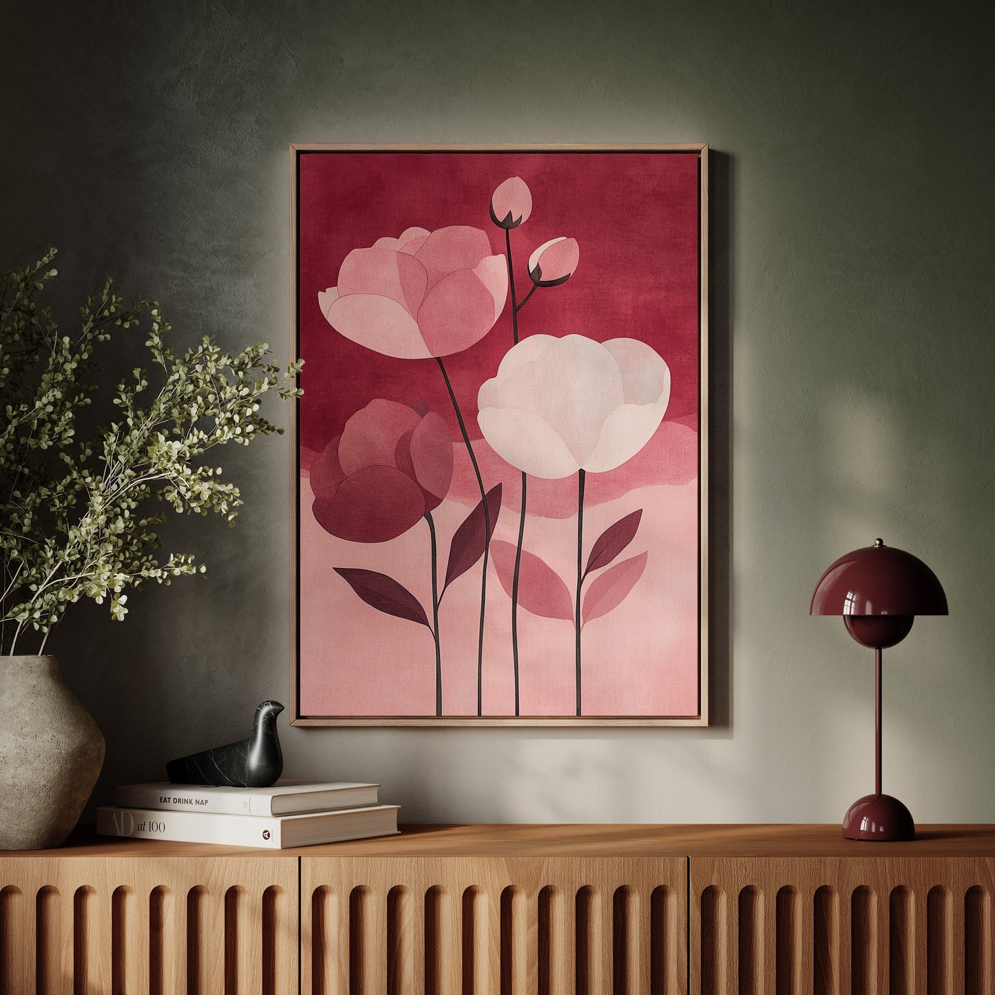 Peonies Rise Through Burgundy Mist