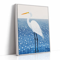 White Egret in Snowfall – Elegant Minimalist Bird Wall Art