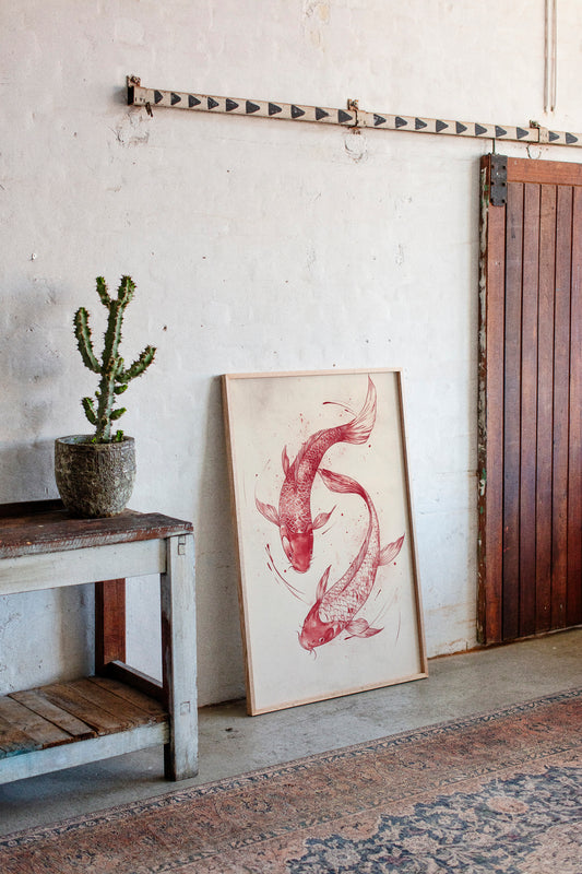 Koi Fish Wall Art – Minimalist Japanese Ink Print, Zen Decor