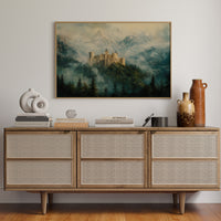 Misty Mountain Castle: Ethereal Fantasy Landscape Canvas Wall Art