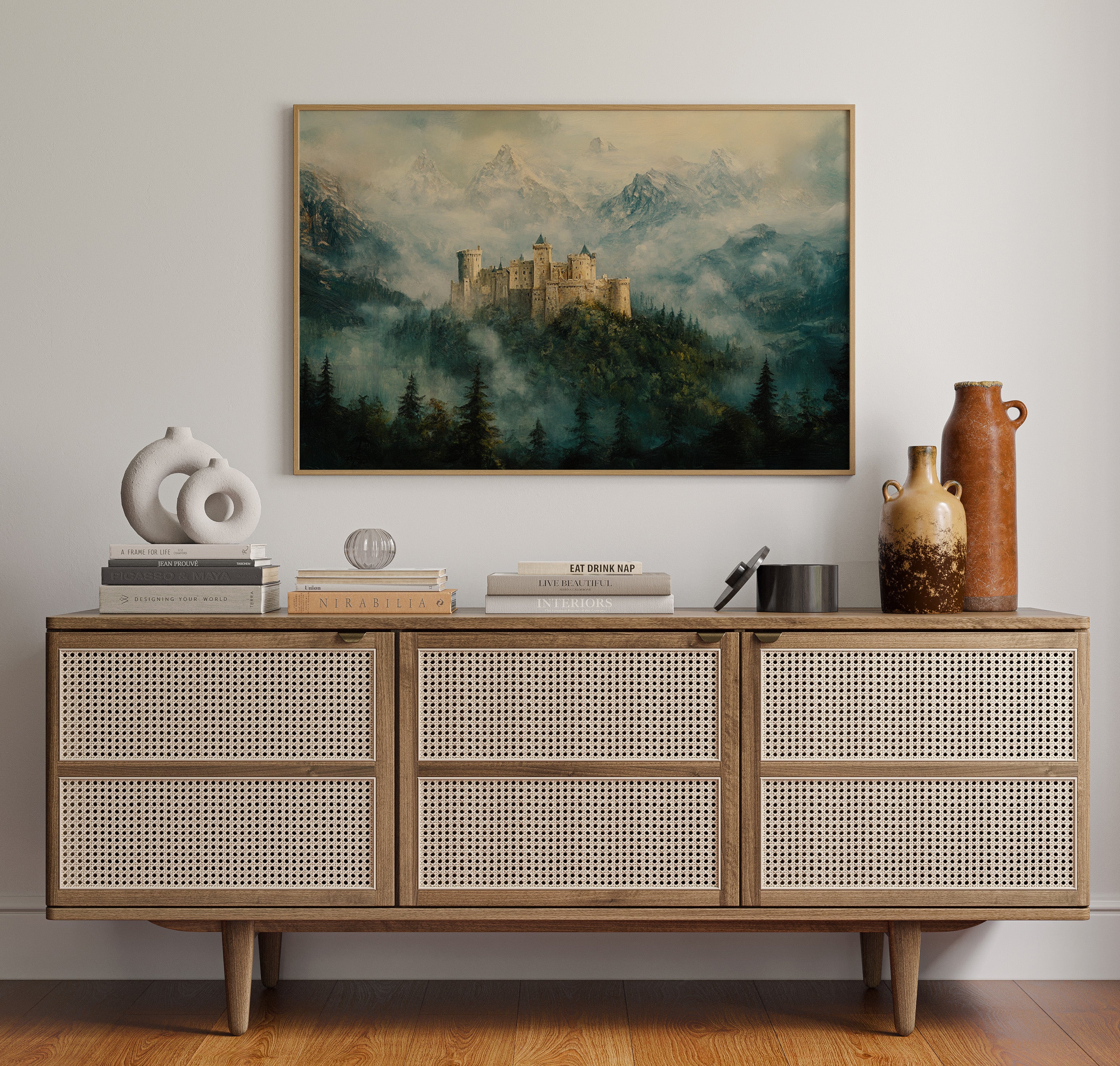 Misty Mountain Castle: Ethereal Fantasy Landscape Canvas Wall Art