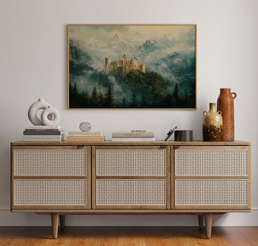 Misty Mountain Castle: Ethereal Fantasy Landscape Canvas Wall Art