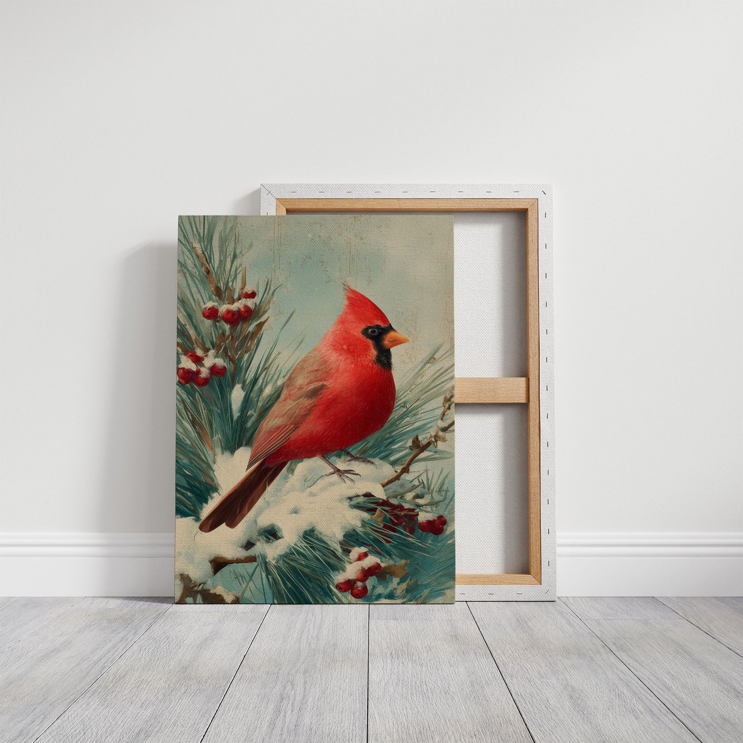 Crimson Wings Against Winter Pine