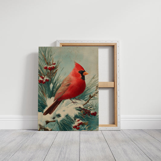 Crimson Wings Against Winter Pine