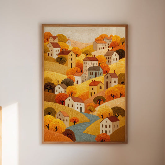 Autumn River Winds Through Village