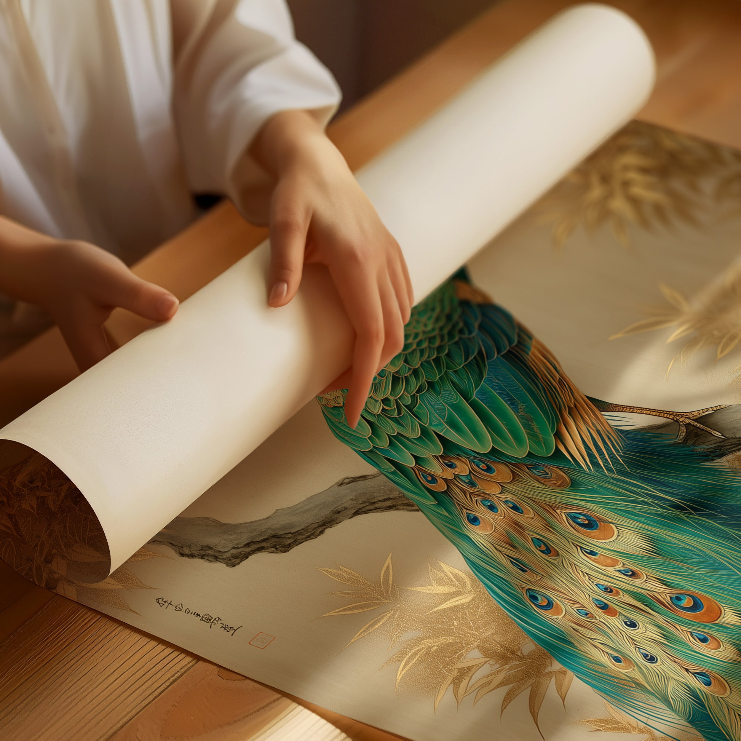 Jade Peacock Among Golden Leaves