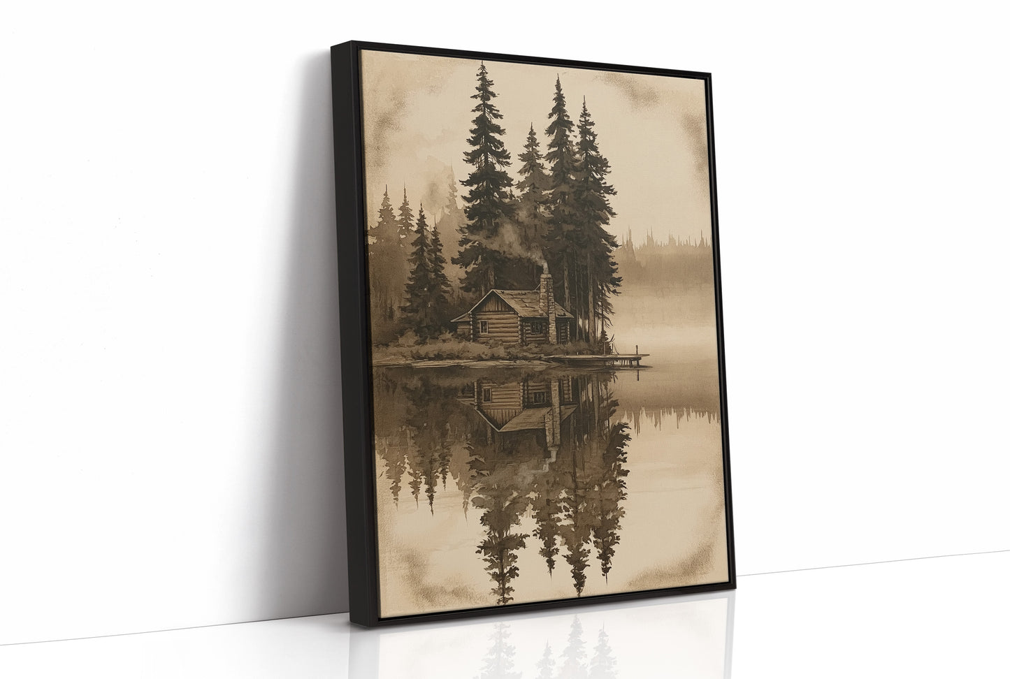 Sepia Cabin On A Still Lake