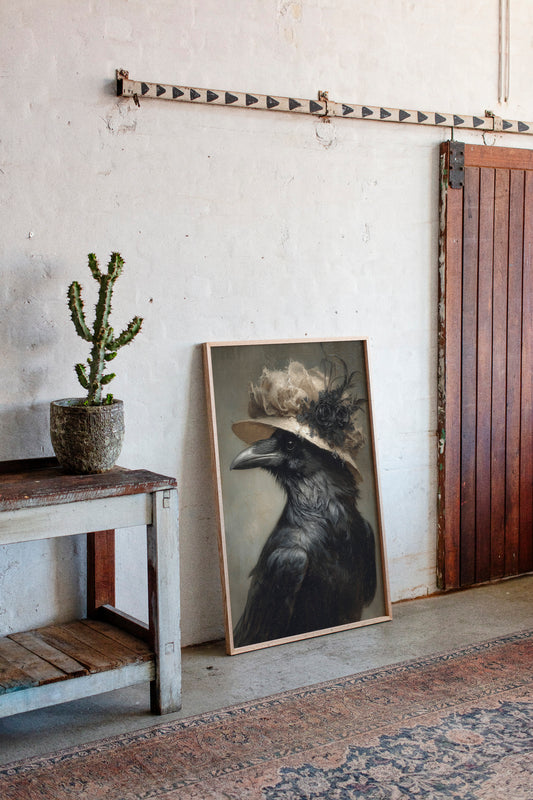 Regal Raven in a Floral Hat
