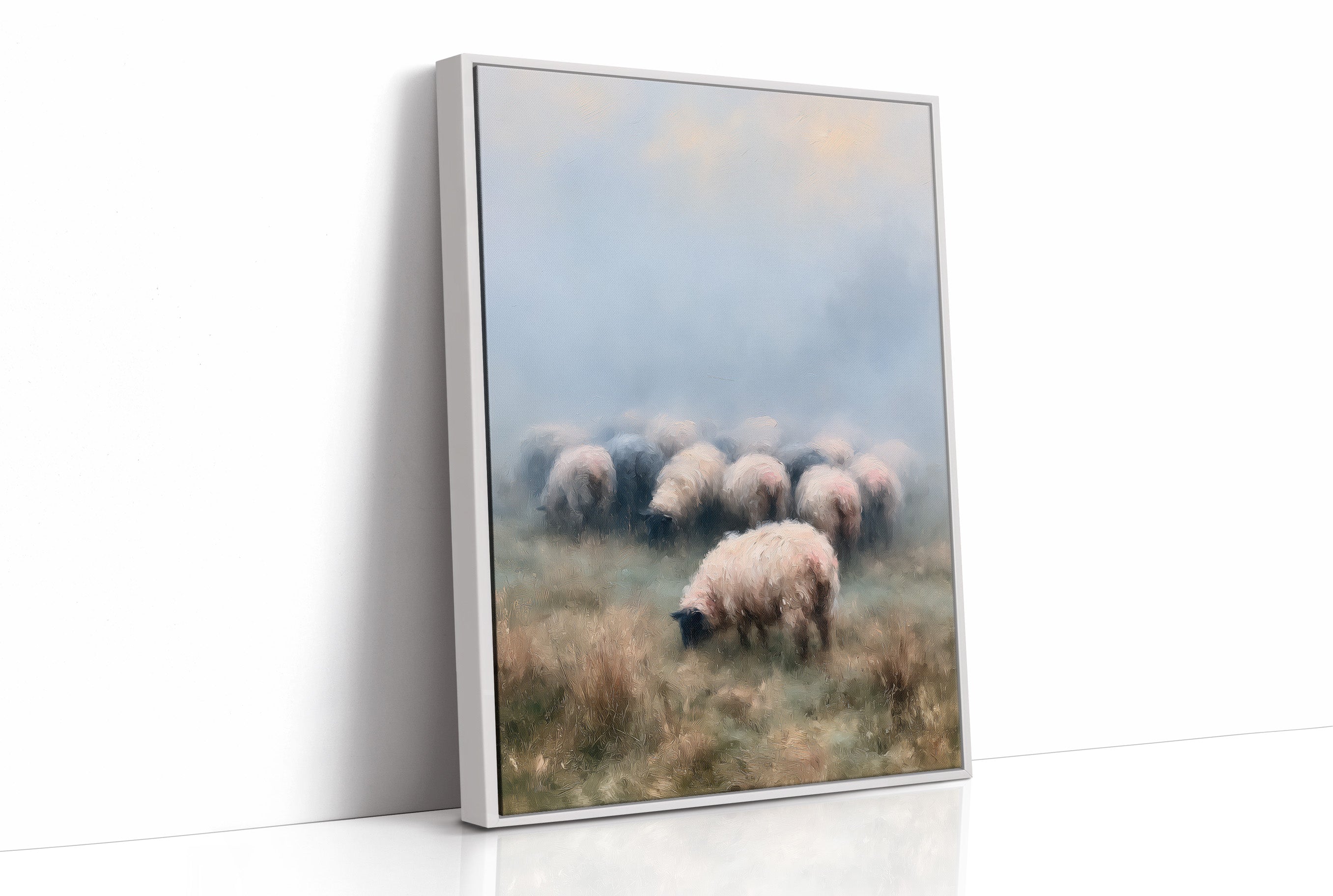 Sheep Grazing in Morning Mist