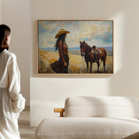 Cowgirl and Her Mustang on the Open Range