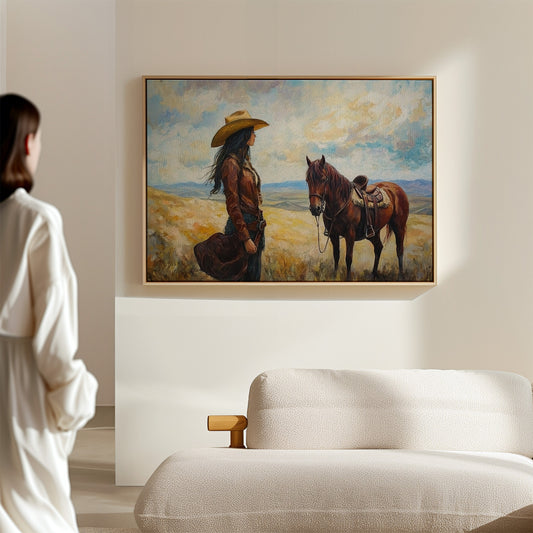 Cowgirl and Her Mustang on the Open Range