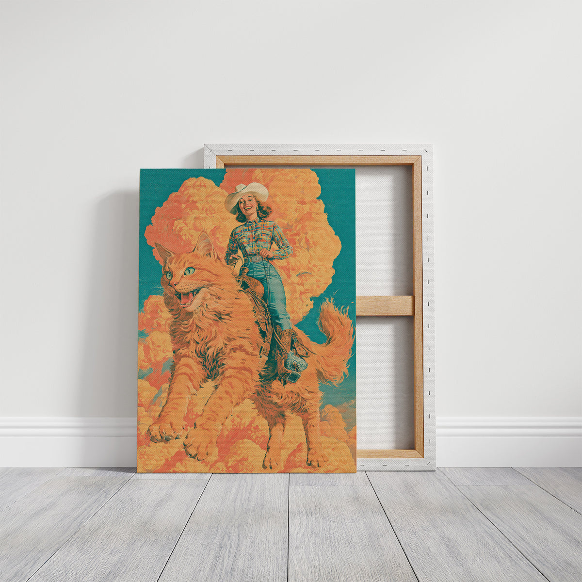 Cowgirl on a Giant Cat — Retro Surrealist Western Print