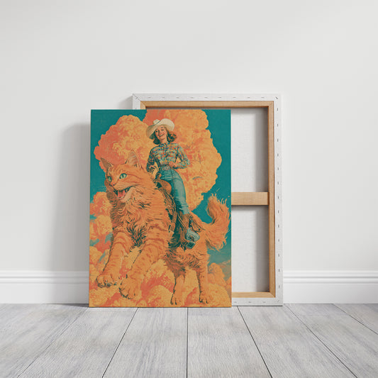 Cowgirl on a Giant Cat — Retro Surrealist Western Print