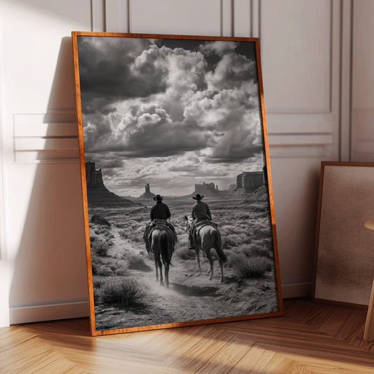 Framed artwork of two people on horseback in a desert landscape, leaning against a wall.