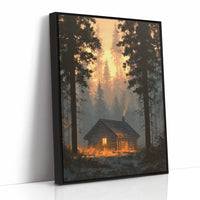 Cabin Glowing In Forest Fire Light
