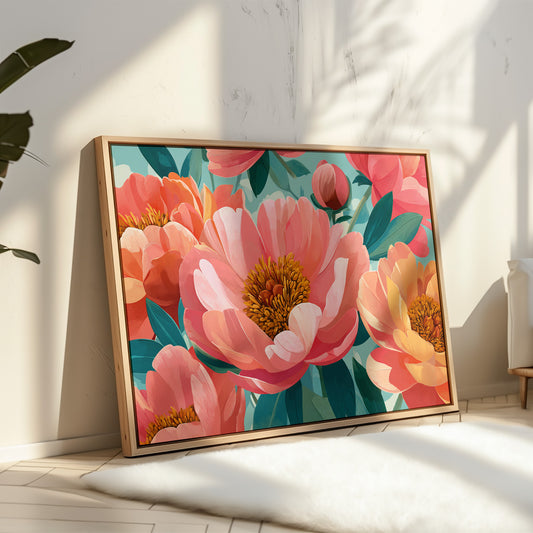 Coral Peonies Dance In Turquoise