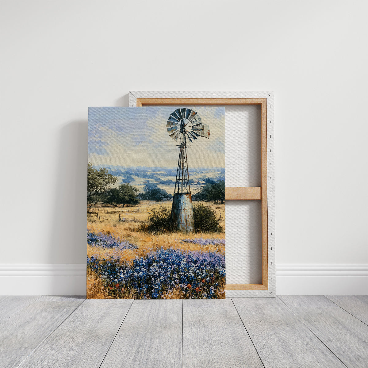 Windmill and Bluebonnets — Midday Hill Country Oil Print