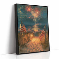 Fireworks Over Flag-Lined Beach Path