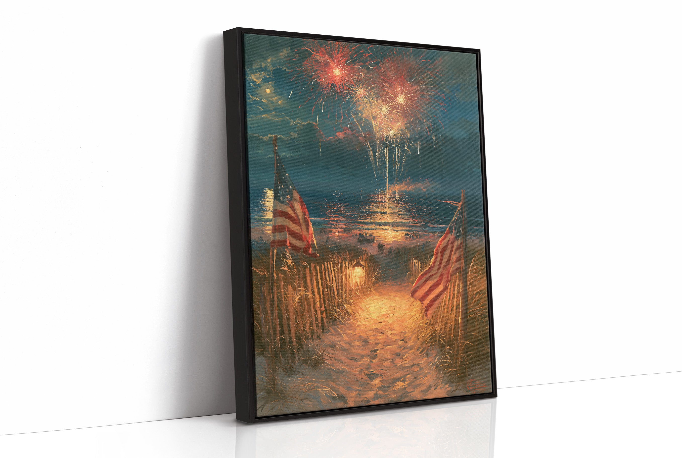 Fireworks Over Flag-Lined Beach Path