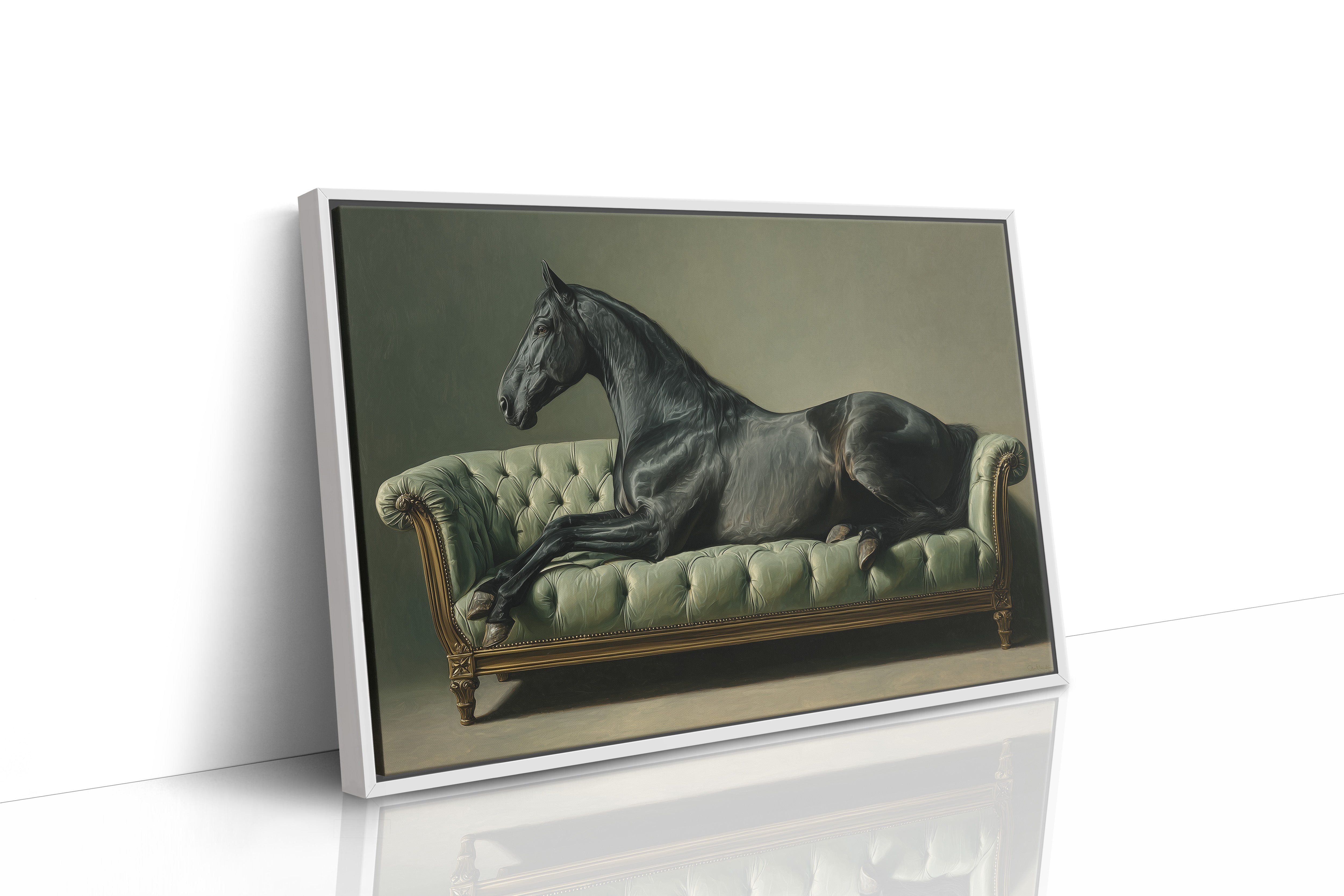Aristocratic Repose: Ebony Stallion on a Mint Couch