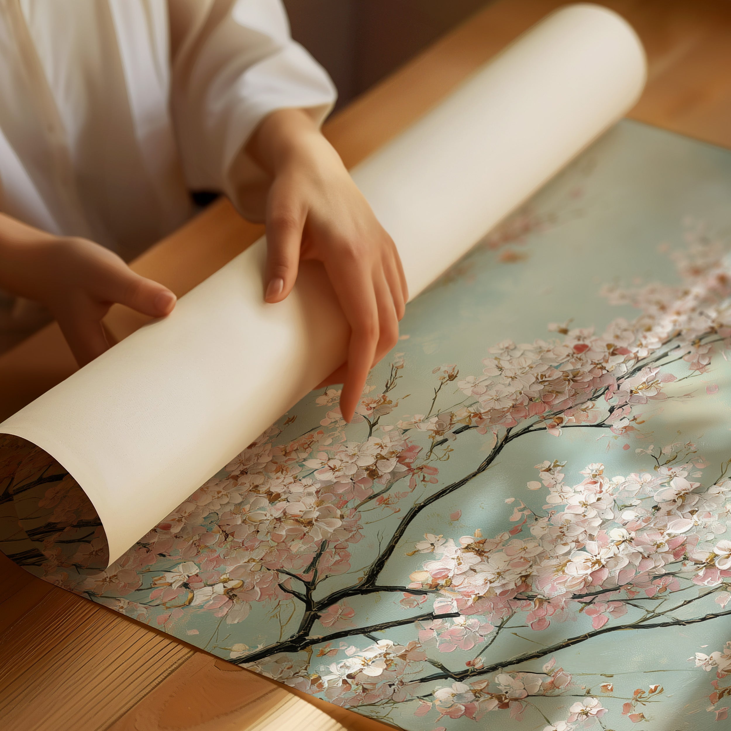 Cherry Blossoms Dance Against Turquoise