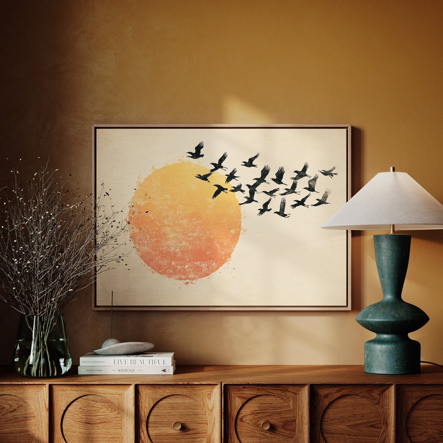Minimalist Japanese Birds & Sun Print – Vintage Ink Illustration