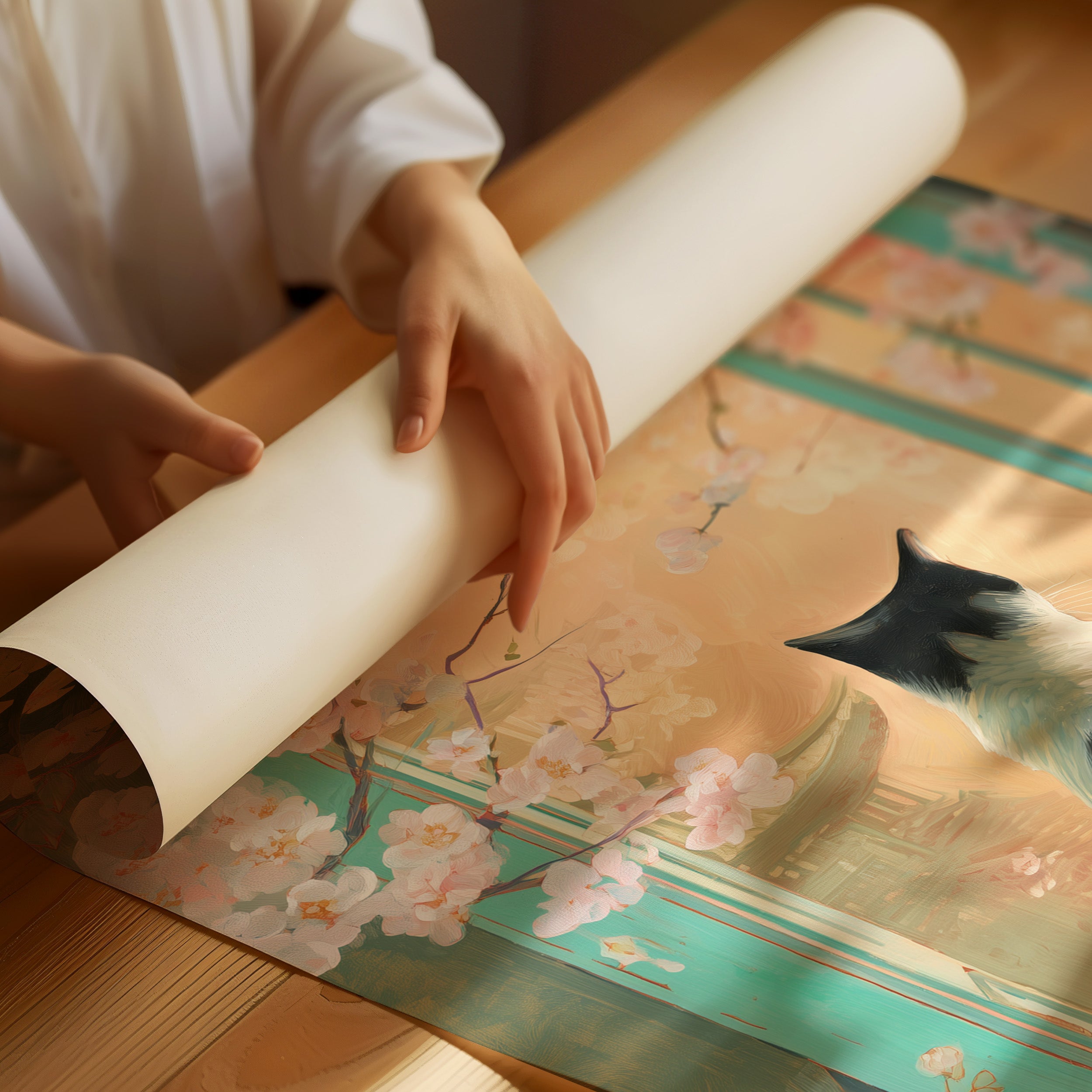 Cherry Blossoms Dance With Curious Cat