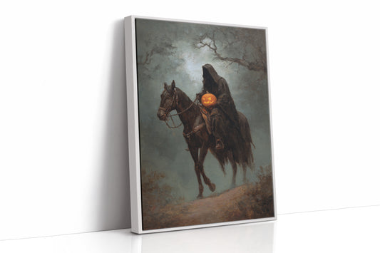 Haunting Rider Halloween Art Print - Gothic Wall Decor - White Framed Canvas image 1