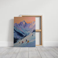 Skiers Chase Alpine Sunset Colors