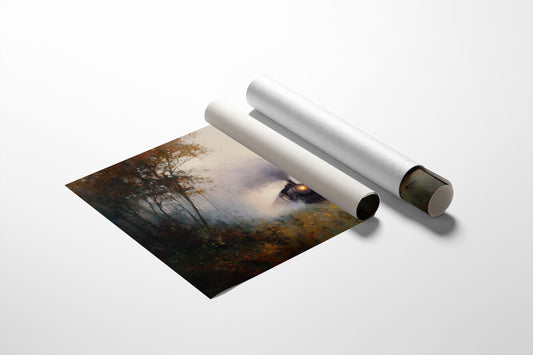 Autumn Train Through Misty Woods