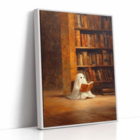 Whimsical Ghost Library Canvas Print - Enchanting Art - White Framed Canvas image 1
