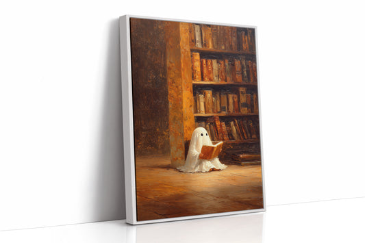 Whimsical Ghost Library Canvas Print - Enchanting Art - White Framed Canvas image 1