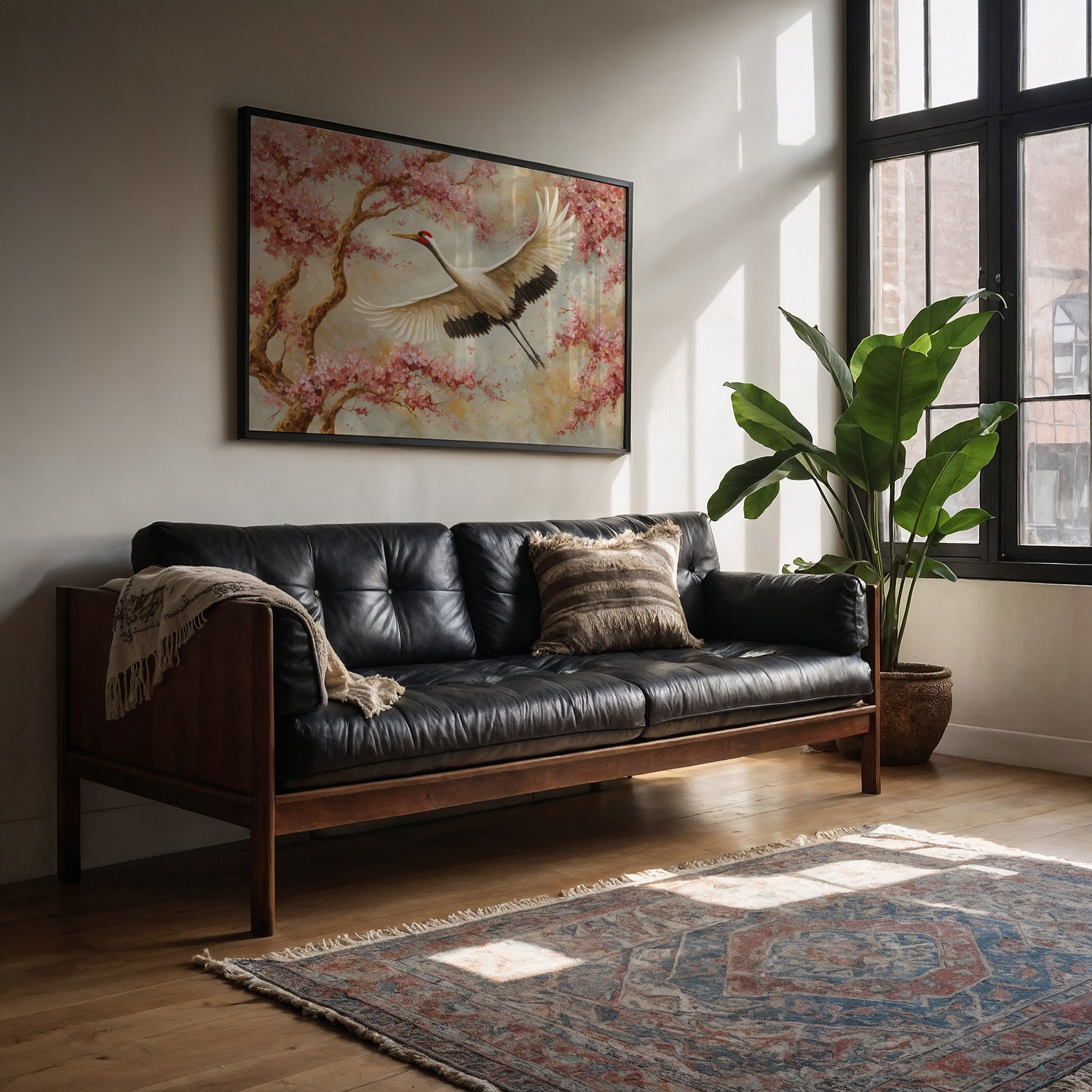 Cherry Blossoms Dance With Crane's Grace