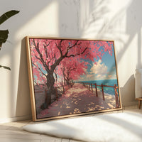 Cherry Blossoms Dance Above Ocean Paths