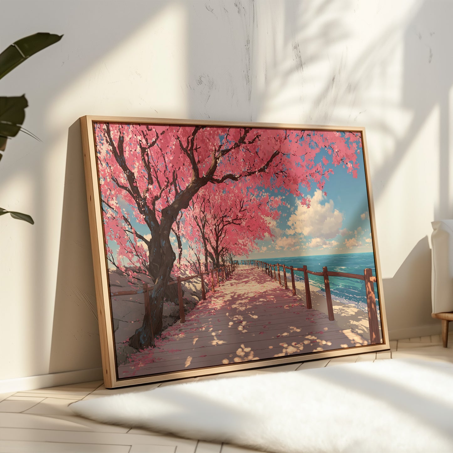 Cherry Blossoms Dance Above Ocean Paths