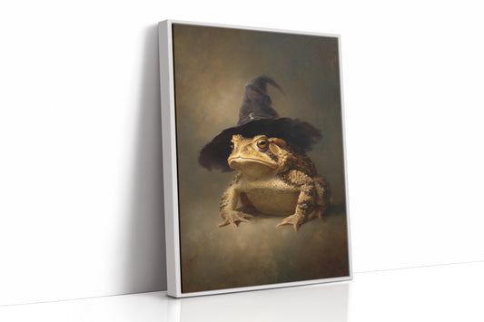 Charming Toad Witch Portrait - Whimsical Animal Art - White Framed Canvas image 1