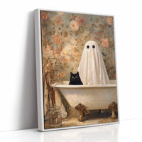 Ghostly Cat In Bathtub Canvas - Whimsical Vintage Art - White Framed Canvas image 1