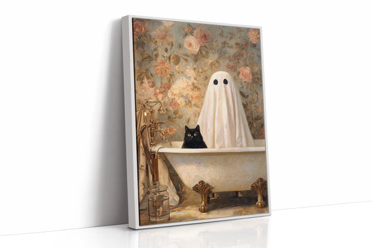 Ghostly Cat In Bathtub Canvas - Whimsical Vintage Art - White Framed Canvas image 1