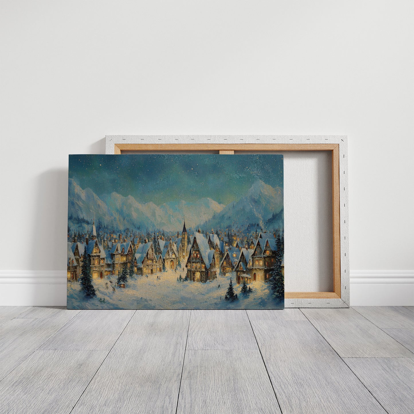 Winter Village Glows Under Mountain Stars