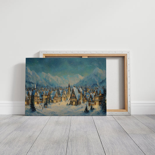 Winter Village Glows Under Mountain Stars