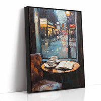 Cozy Rainy Cafe Scene – Atmospheric Coffee Shop Window Wall Art