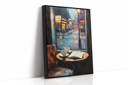 Cozy Rainy Cafe Scene – Atmospheric Coffee Shop Window Wall Art