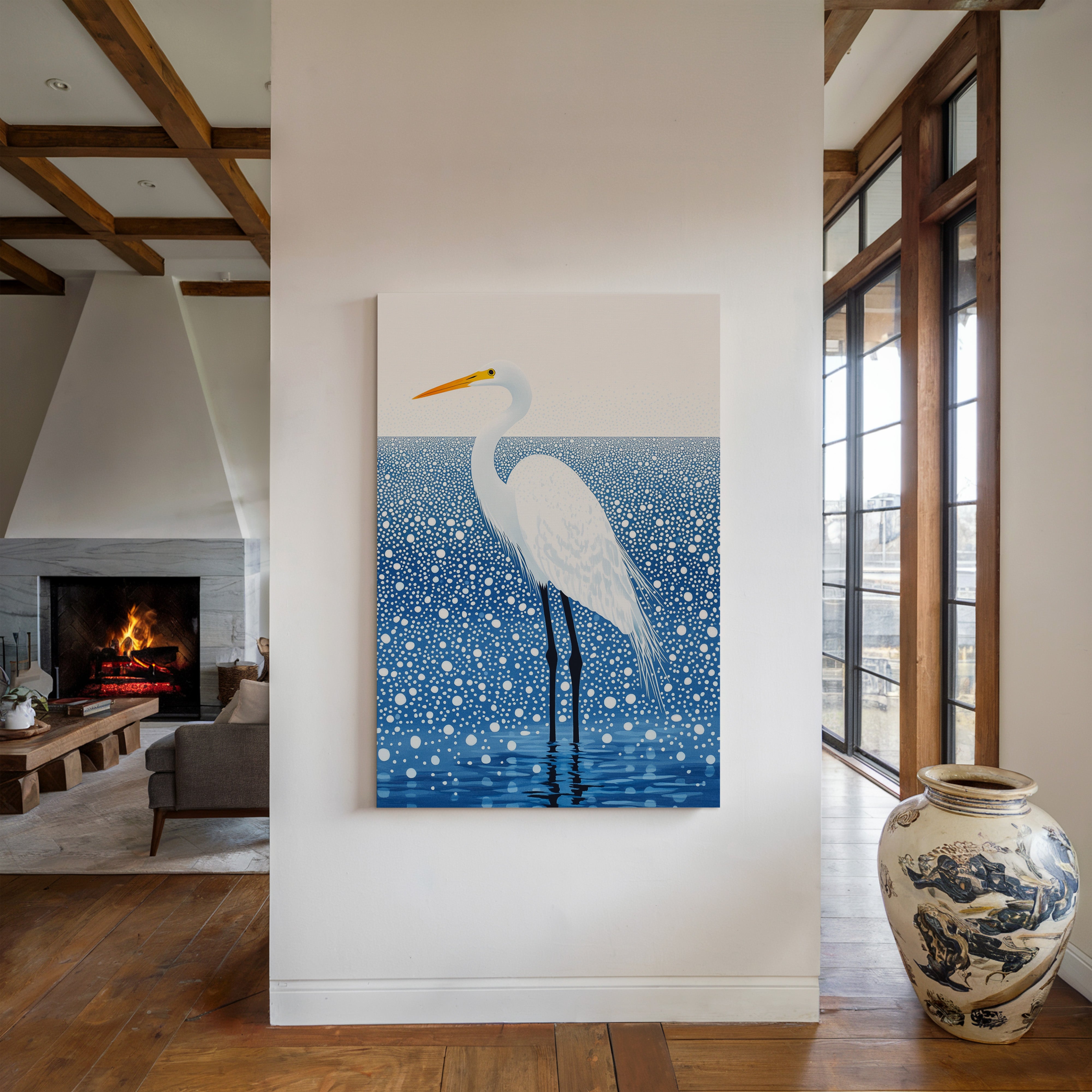 White Egret in Snowfall – Elegant Minimalist Bird Wall Art
