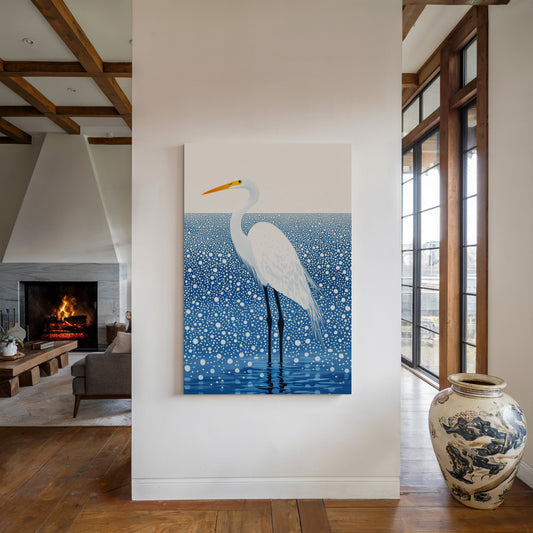 White Egret in Snowfall – Elegant Minimalist Bird Wall Art